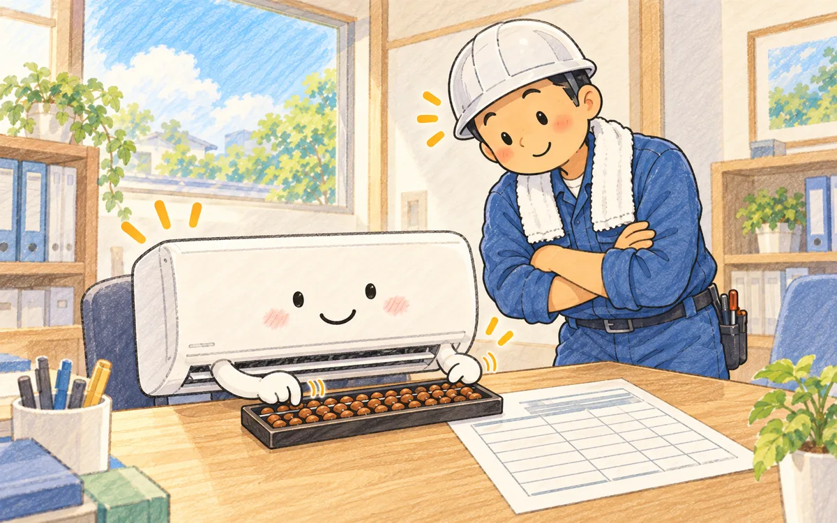 顔のついたエアコンのキャラクターがそろばんで料金表を足し算し、職人がとなりで腕組みをして確認している
