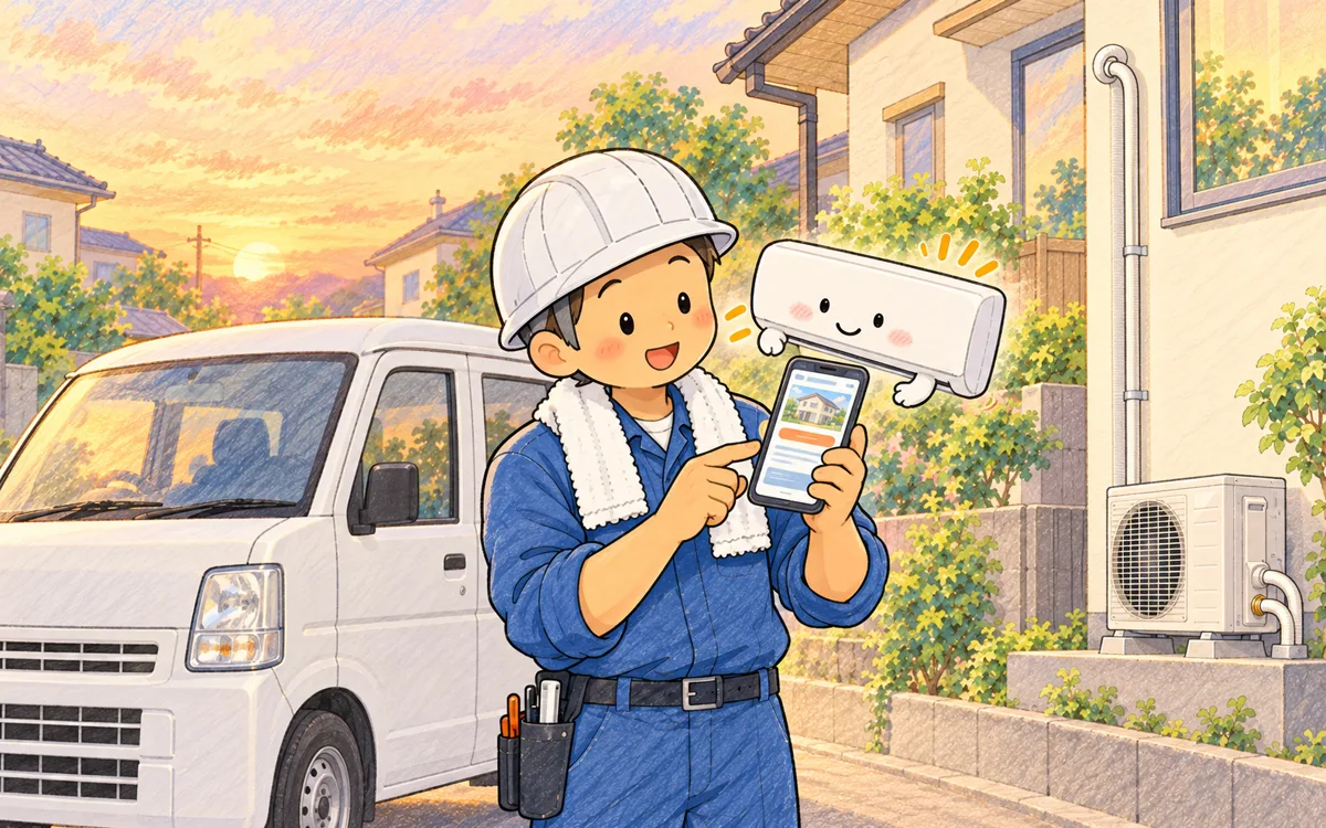 作業車の横で、作業服の職人がスマートフォンで自分の店のホームページを見ている。となりで顔のついたエアコンのキャラクターがのぞきこんでいる
