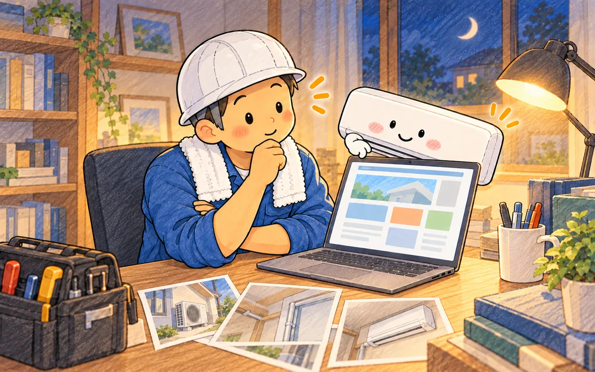 夜の作業机で、作業服の職人がノートパソコンを前に、あごに手を当てて考えている。机には工具箱とエアコンの施工写真が並び、顔のついたエアコンのキャラクターが横から画面をのぞいている