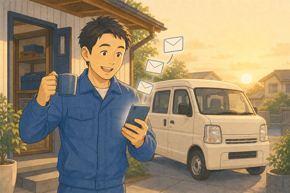 朝、届いた依頼メールを見て喜ぶ職人さんのイラスト
