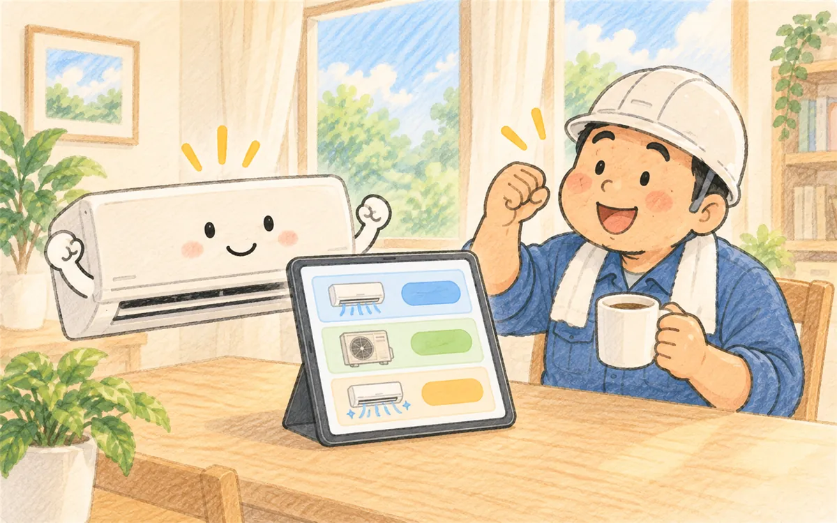 朝、届いた依頼メールを見て喜ぶ職人さんのイラスト