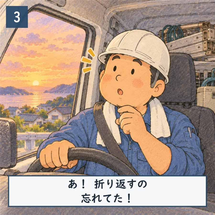 3コマ目：夕方の軽バンの運転席でハッとする。「あ！折り返すの忘れてた！」