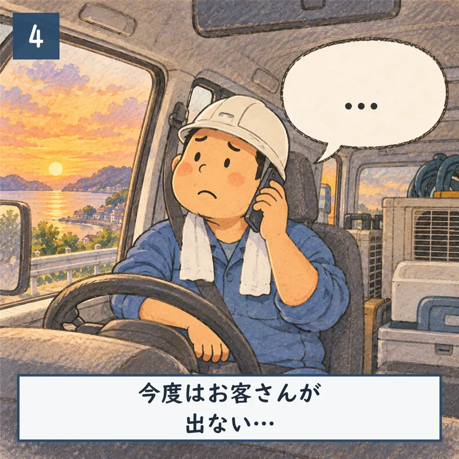 4コマ目：路肩に停めて電話をかけるが相手が出ない。「今度はお客さんが出ない…」