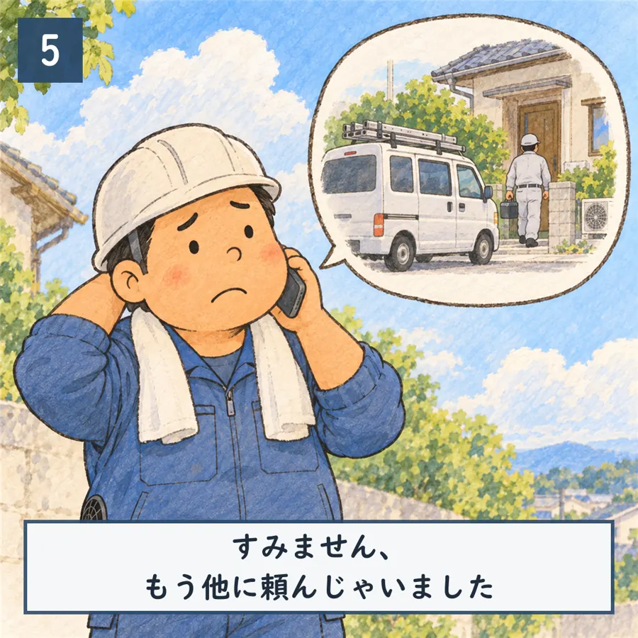 5コマ目：やっとつながった電話。家の前には別の業者の軽バン。「すみません、もう他に頼んじゃいました」