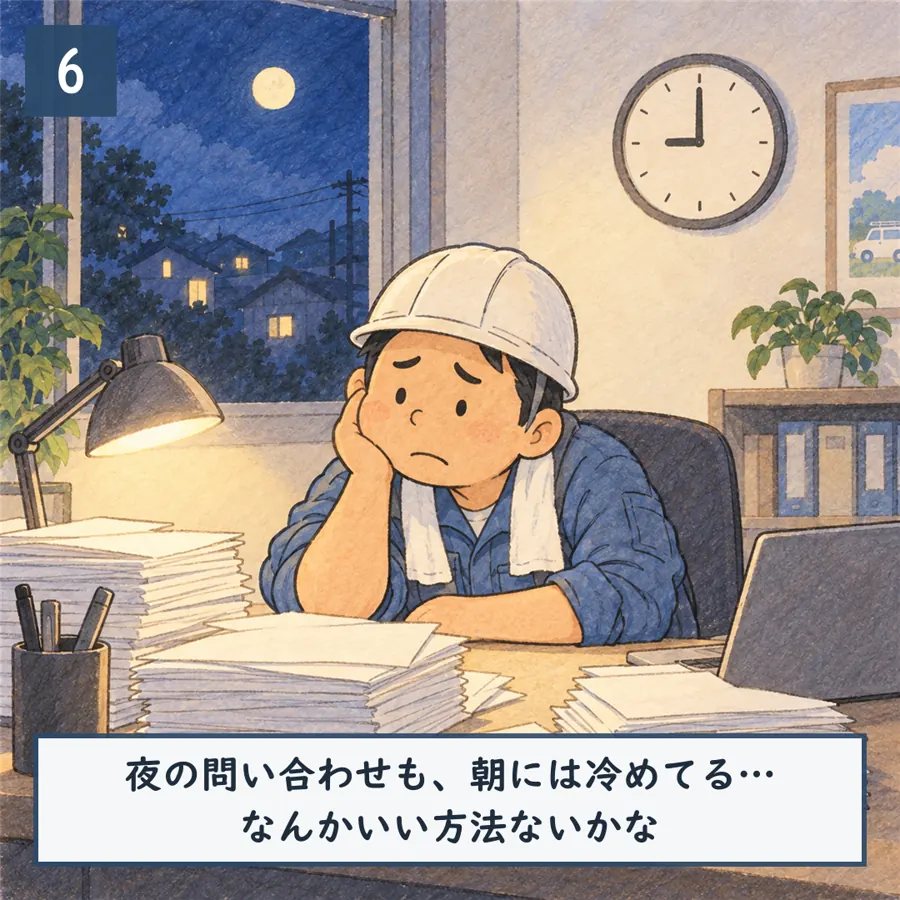 6コマ目：夜9時の事務所でがっくり。机には問い合わせメモの山。「夜の問い合わせも、朝には冷めてる…なんかいい方法ないかな」