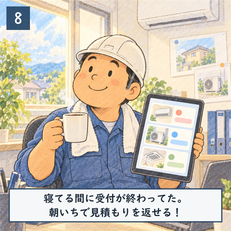 8コマ目：翌朝、コーヒー片手にタブレットの台帳を見てにっこり。「寝てる間に受付が終わってた」「朝いちで見積もりを返せる」