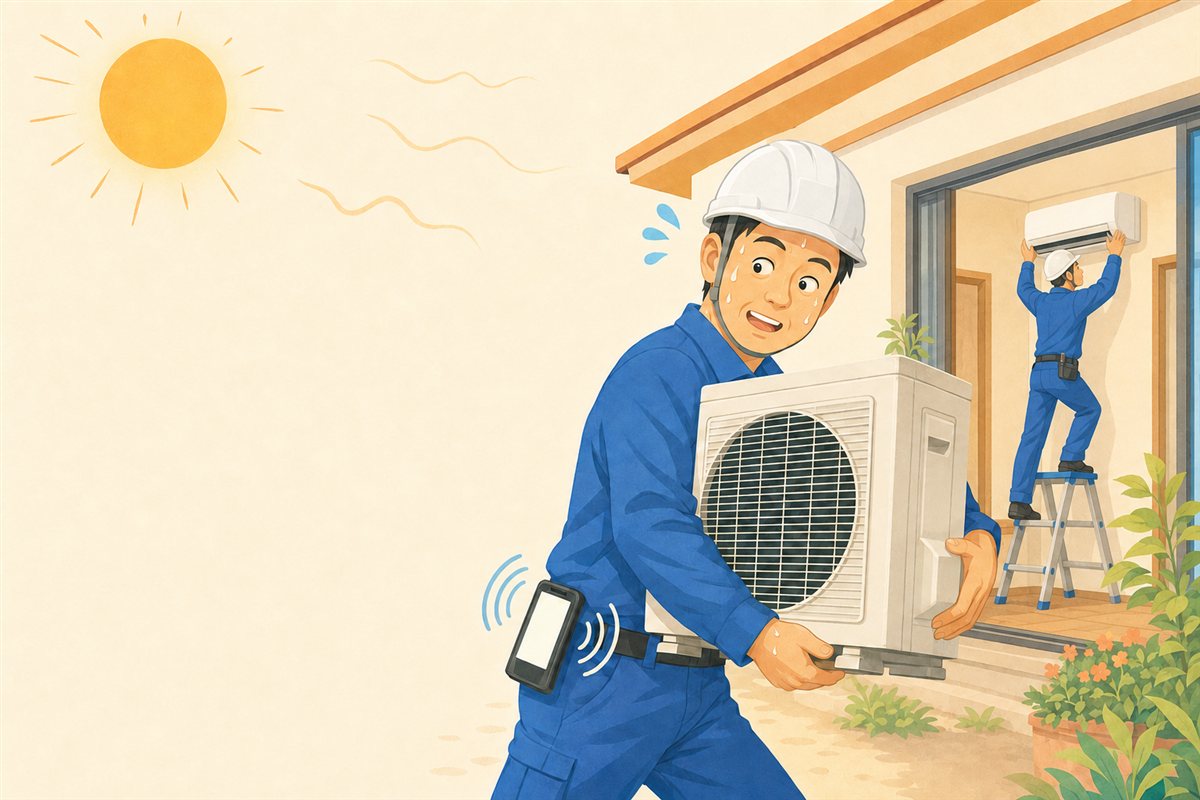 真夏の繁忙期、室外機を抱えていて電話に出られない職人さんのイラスト