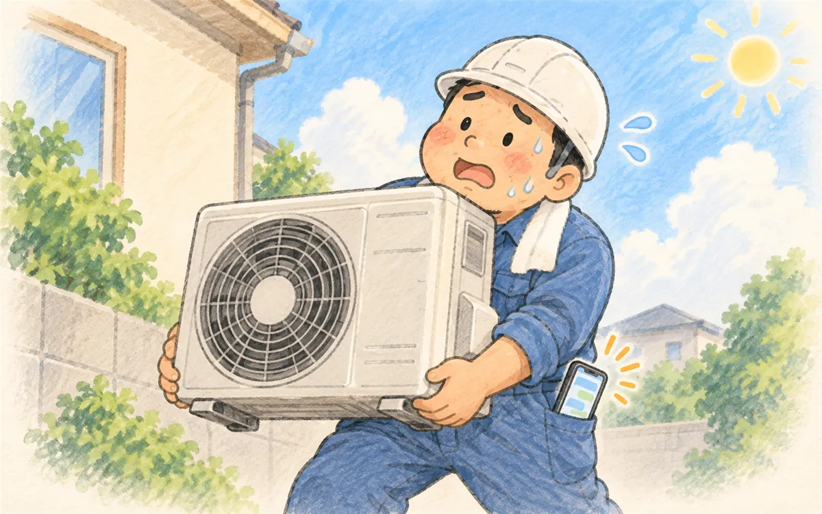 真夏の繁忙期、室外機を抱えていて電話に出られない職人さんのイラスト