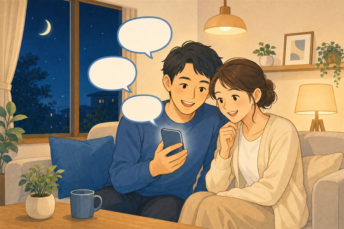 夜、ソファでスマホからエアコンの相談をする夫婦のイラスト