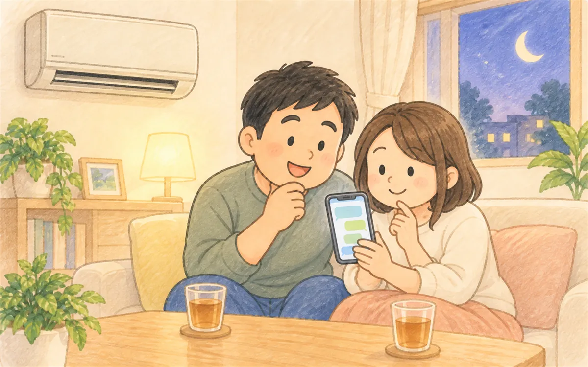 夜、ソファでスマホからエアコンの相談をする夫婦のイラスト